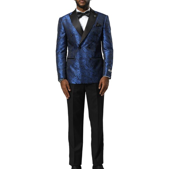 Blue Double Breasted Satin Peak Lapel Rough Streak Pattern Men's Jacket
